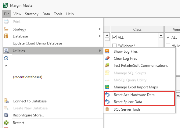 File > Utilities menu with the two reset commands highlighted