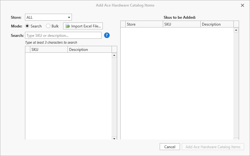 Add Catalog Items dialog: search or bulk entry on the left, SKUs to be added on the right