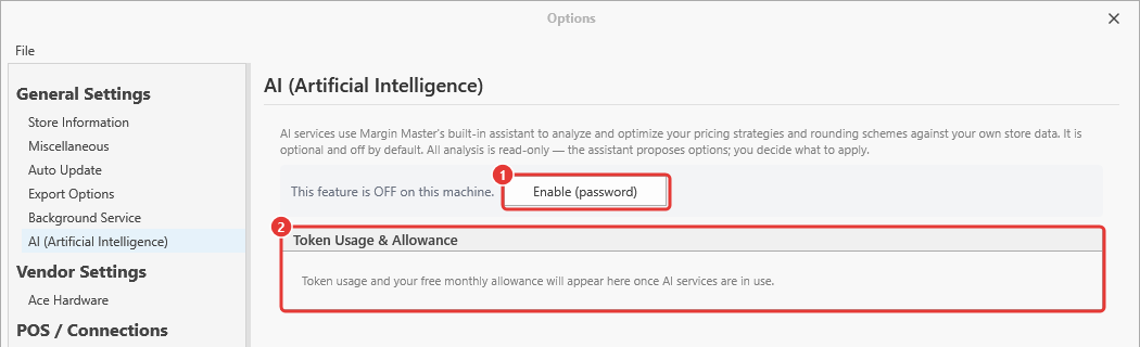 AI (Artificial Intelligence) tab, feature off