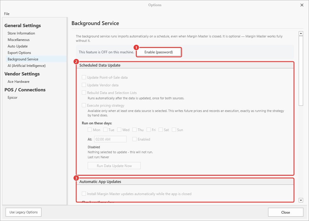Background Service tab, feature off