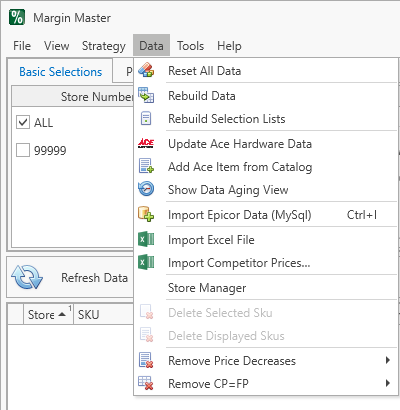 The Data menu; the vendor sync item is named for your vendor (here Update Ace Hardware Data)