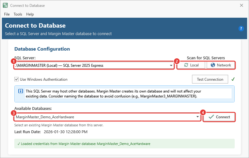 Connect to Database window with its parts numbered