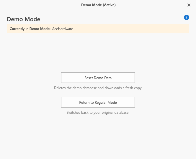 Demo Mode dialog while demo mode is active: Reset Demo Data and Return to Regular Mode