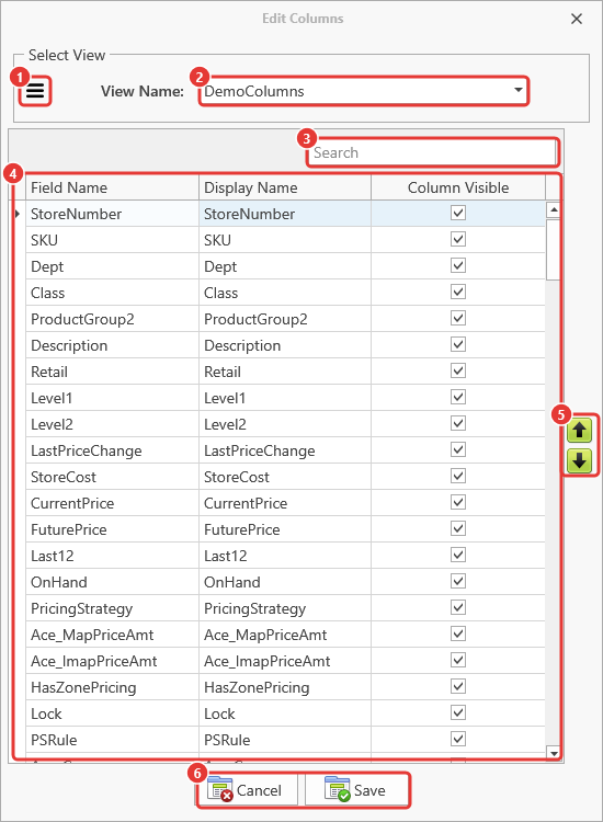 Edit Columns window with its parts numbered