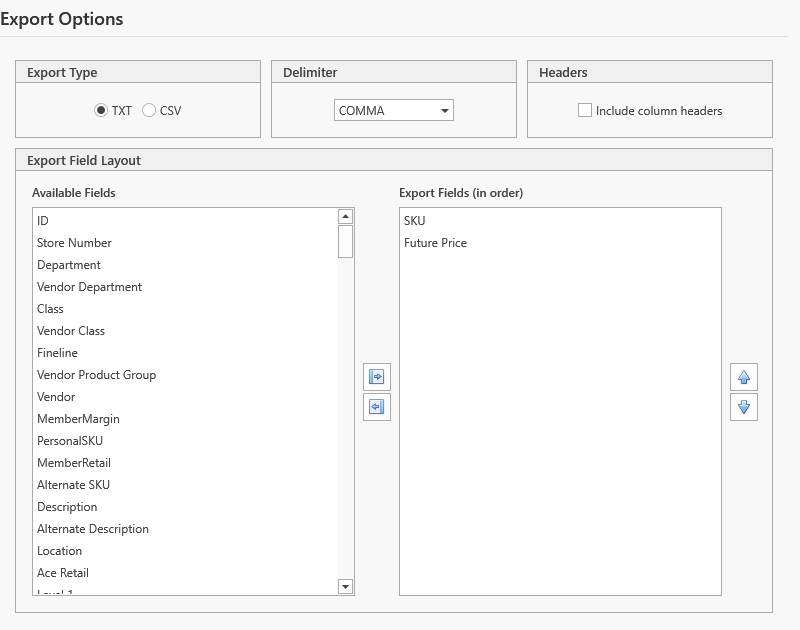 The Export Options tab