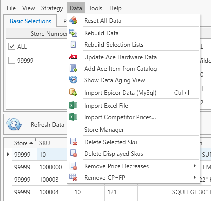 Data menu
