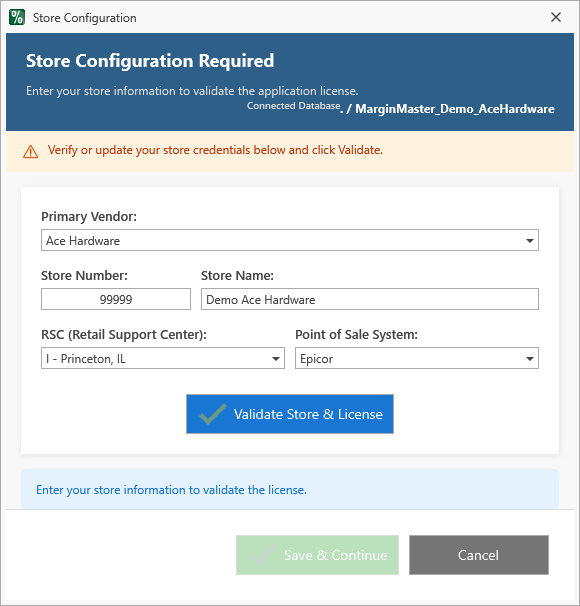 Store Configuration window