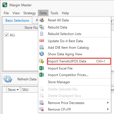 Data menu - the import command is labelled for your POS system