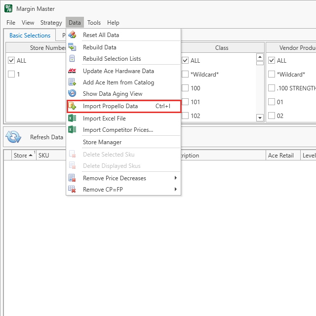 The Data menu with Import Propello Data outlined