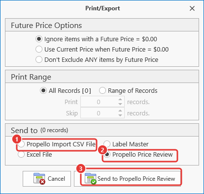 Print/Export dialog with the Propello destinations numbered