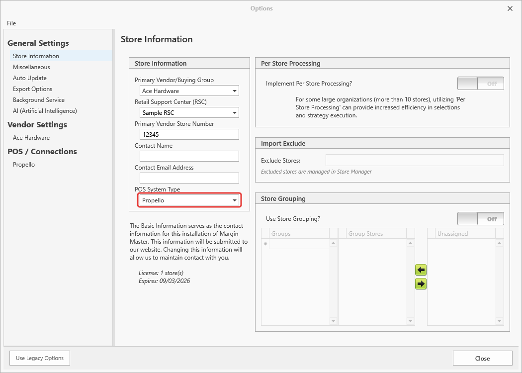 Store Information tab with POS System Type set to Propello
