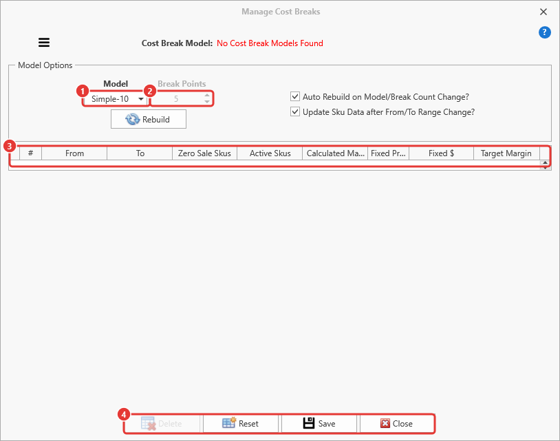 Manage Cost Breaks window with its parts numbered