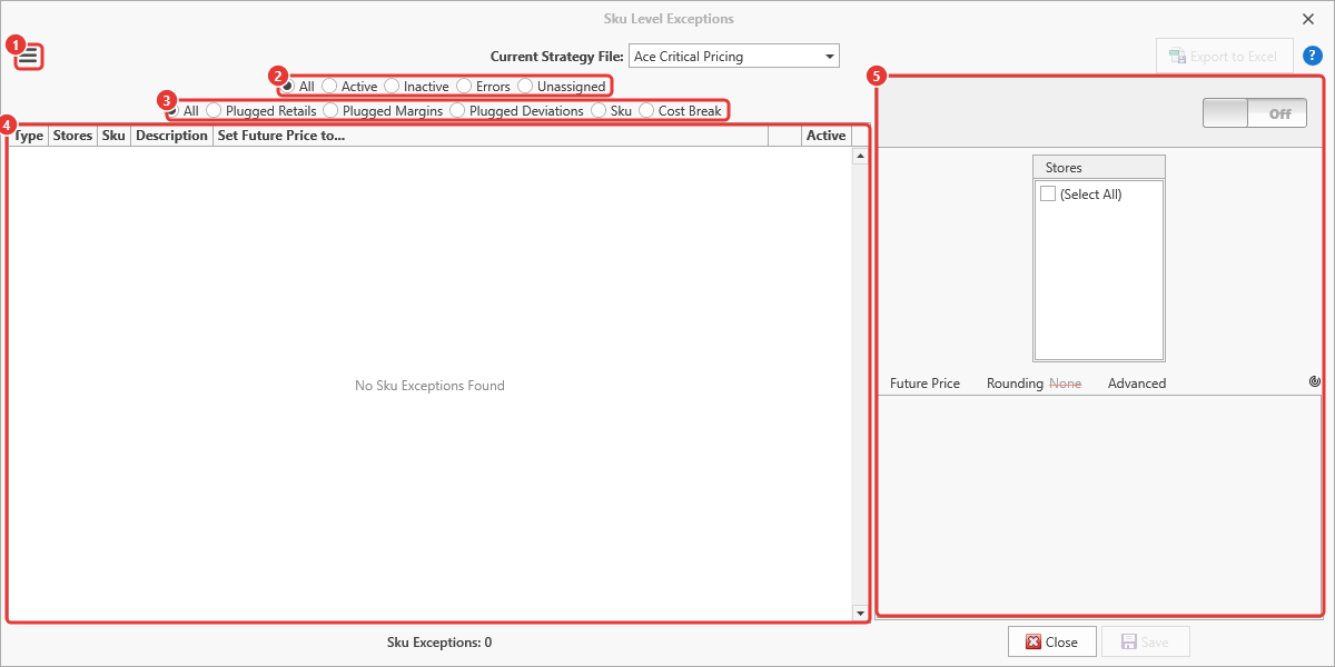 Sku Level Exceptions window with its parts numbered