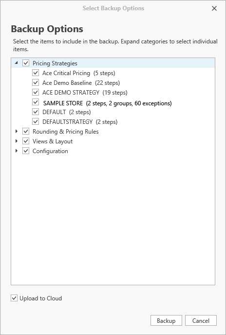 Select Backup Options tree