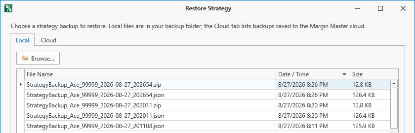 Restore Strategy picker, Local tab