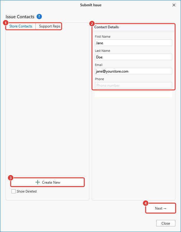 Issue Contacts step of the Submit Issue wizard