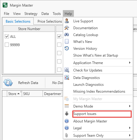 Help menu with Support Issues highlighted
