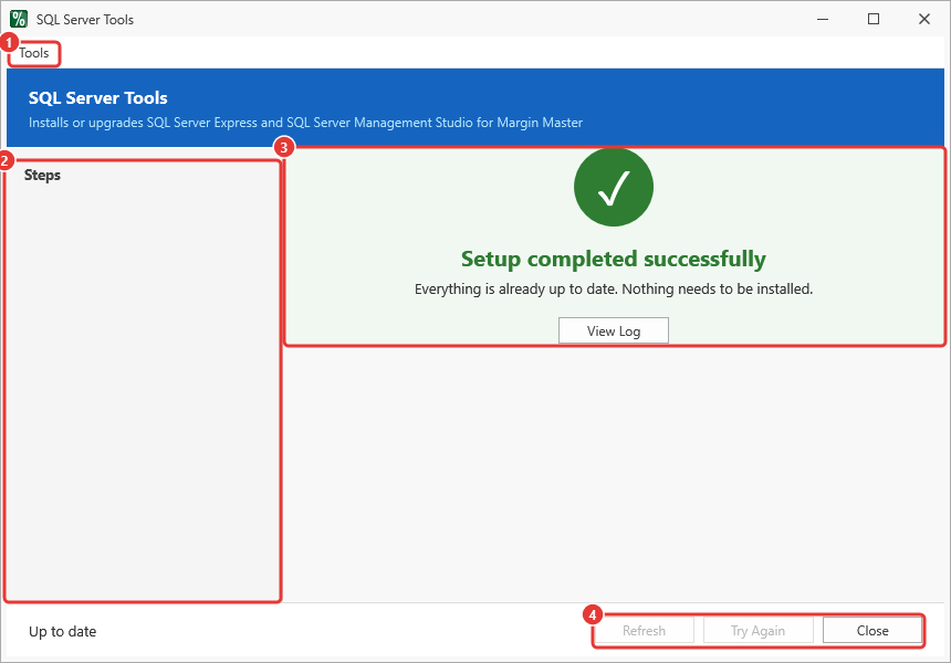 SQL Server Tools window after a successful check