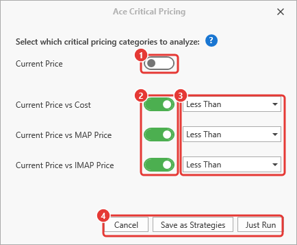Ace Critical Pricing dialog