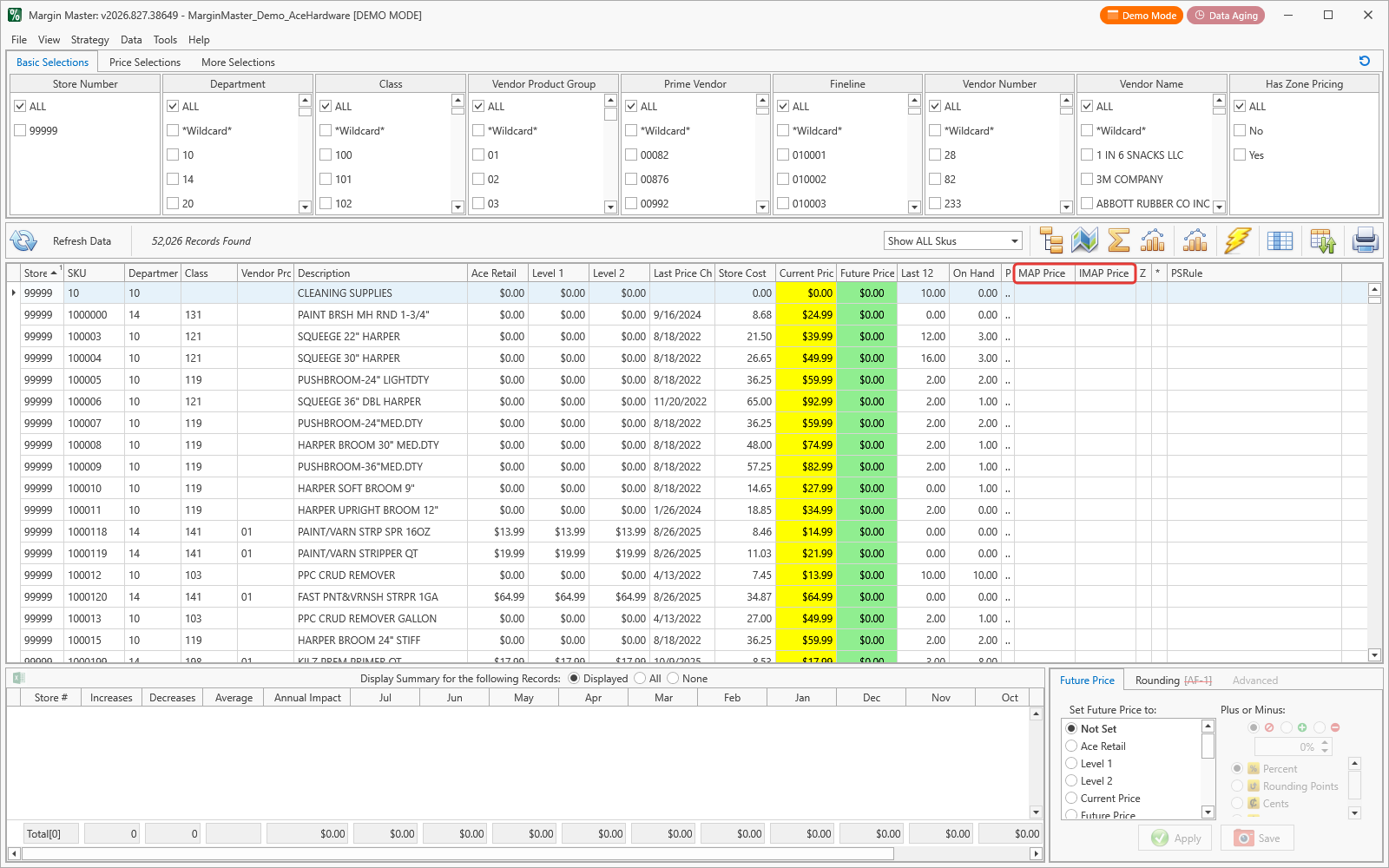 Main data grid with the MAP Price and IMAP Price columns highlighted
