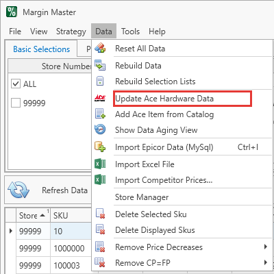 Data menu with Update Ace Hardware Data highlighted